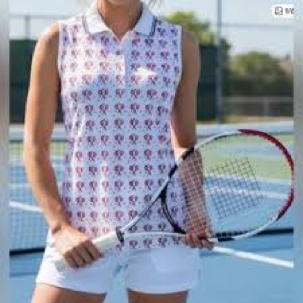 Tory Sport Sleeveless Polo Tank with Orange and Blue tennis racket print: Small